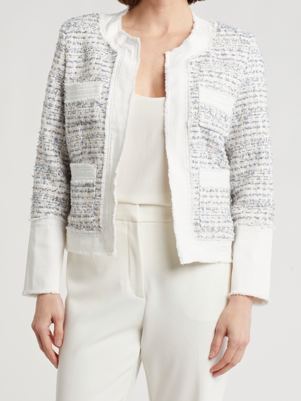 Nanette Lepore White Tweed Cropped Fringe Jacket with Blue Accents